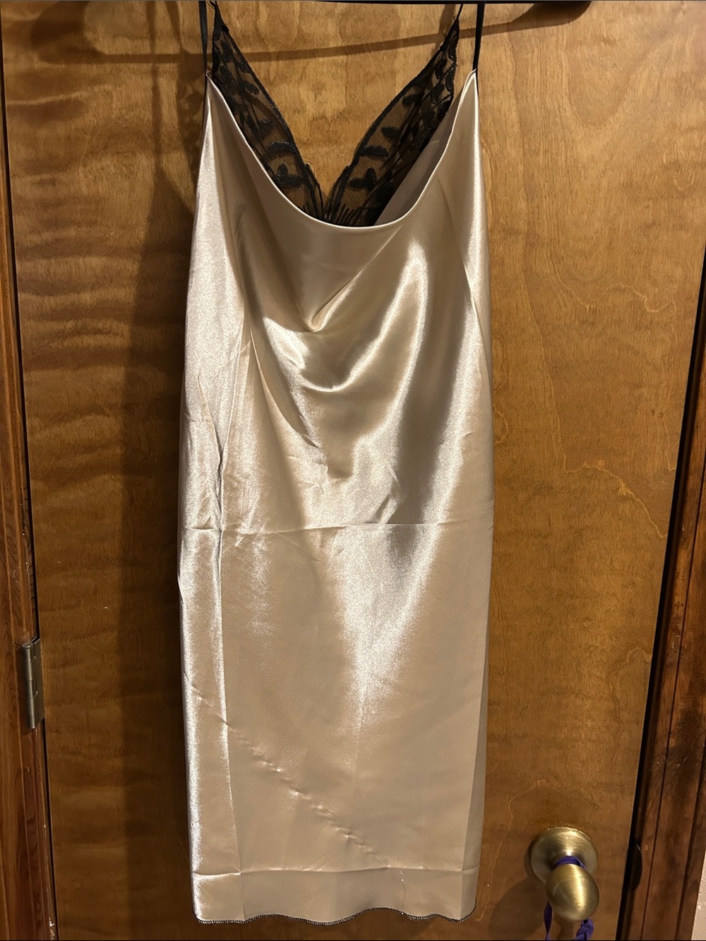 Silky Ivory Slip Dress with Black Lace Trim - Excellent Condition